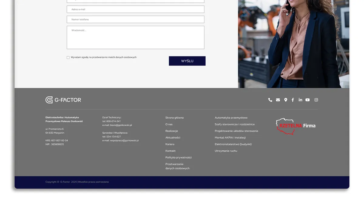G-Factor: formularz kontaktowy z przyciskiem Wyślij i szara stopka z logo, menu i znakiem Rzetelna Firma