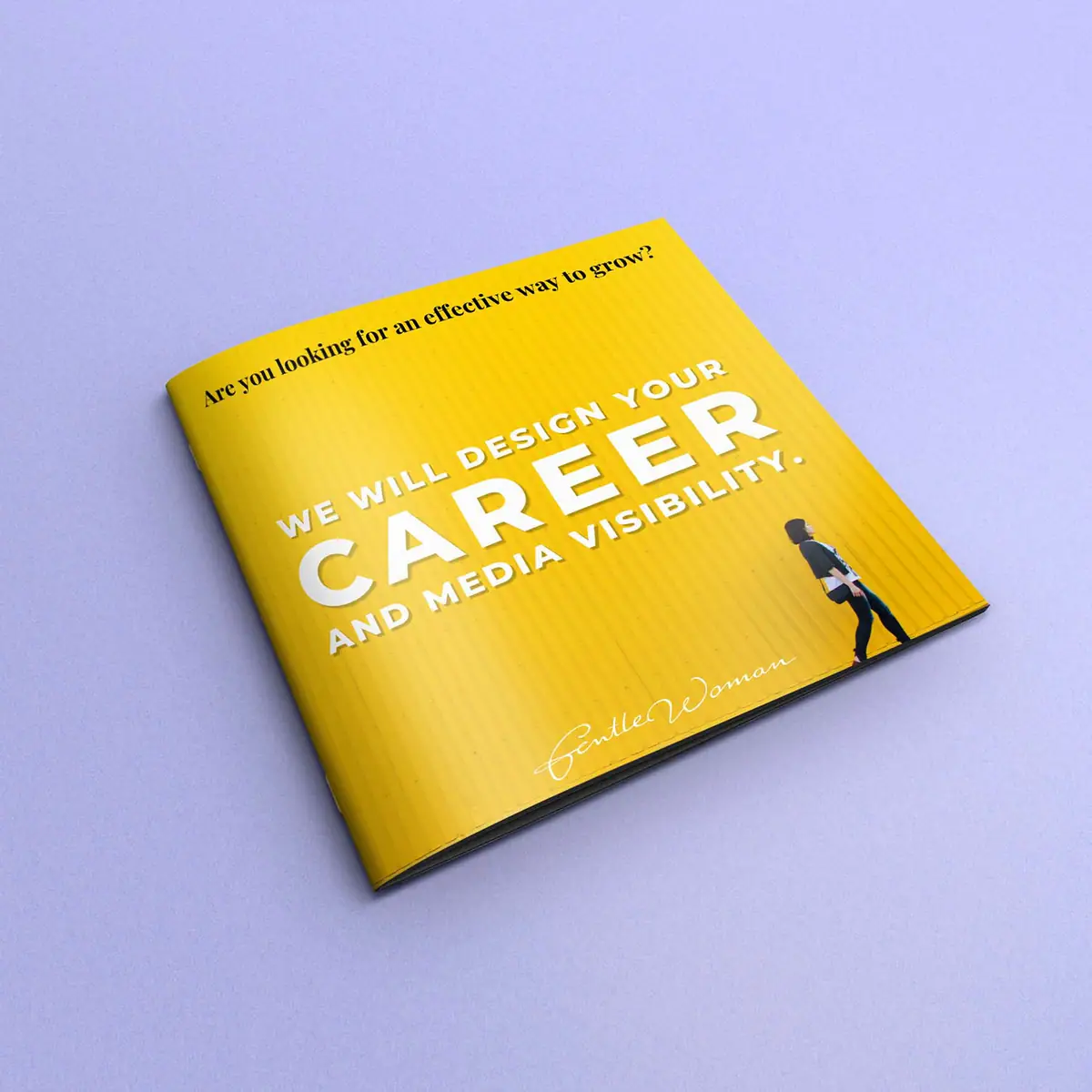 Gentle Woman: żółta okładka broszury z hasłem We will design your career and media visibility