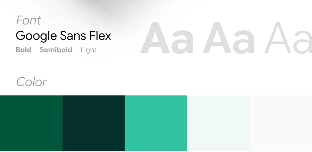 GreenDoorAi: Google Sans Flex typeface in Bold, Semibold and Light, and a palette of green, mint and white