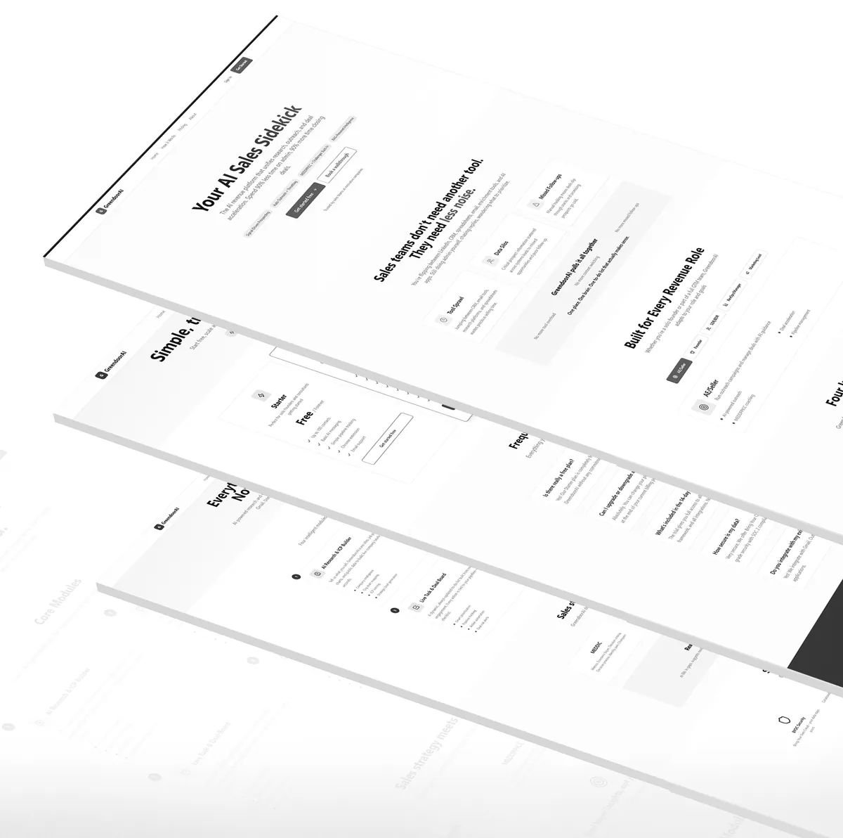 GreenDoorAi: black-and-white mockups of the home page, pricing with an FAQ and the modules subpage in perspective