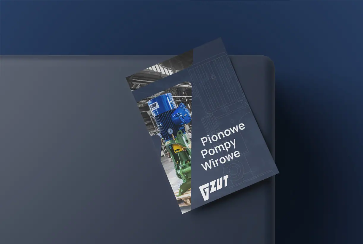 GZUT: granatowa okładka katalogu Pionowe Pompy Wirowe ze zdjęciem pompy i logo