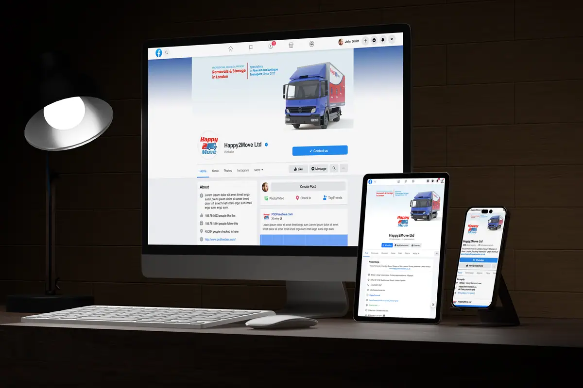 Happy2Move: strona firmy na Facebooku z okładką z ciężarówką na monitorze, tablecie i telefonie