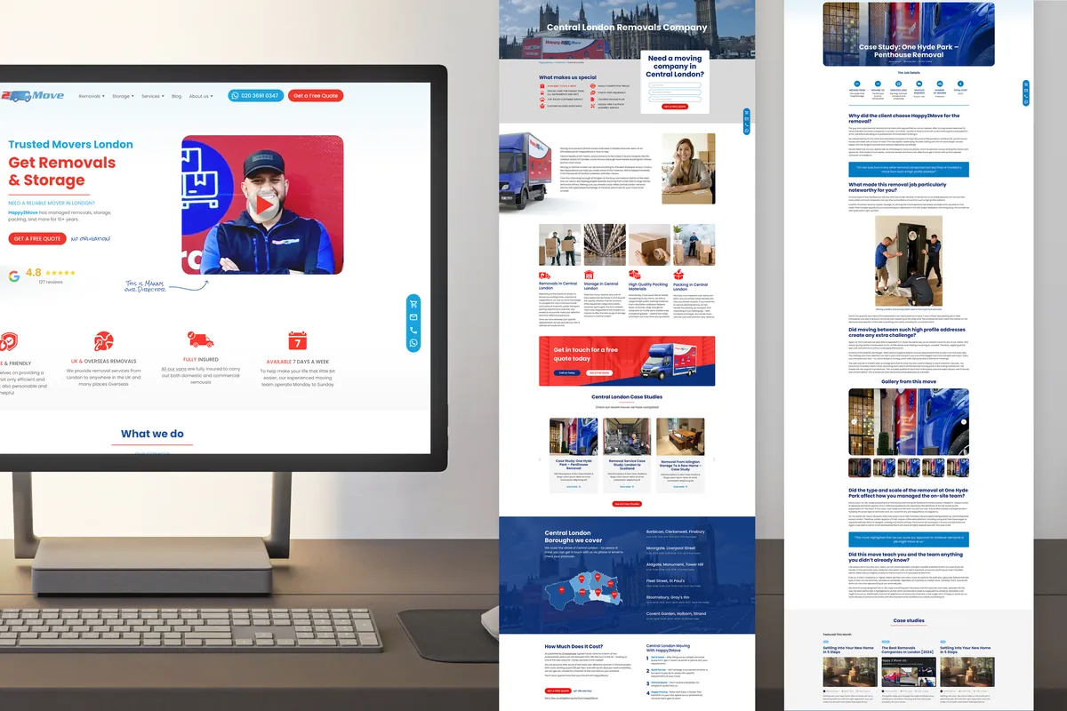 Happy2Move: home page on a monitor and long service subpages for central London and a case study