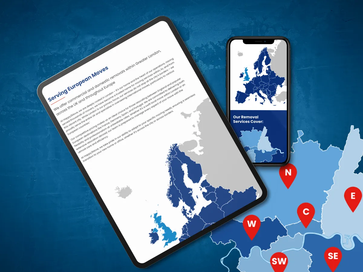 Happy2Move: the Serving European Moves subpage with a map of Europe on a tablet and a phone against a London map