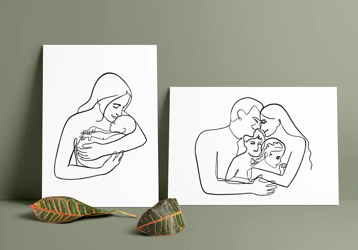 Ilustracje rodzicielskie: liniowe rysunki matki z niemowlęciem i rodziny z dwojgiem dzieci na wydrukach