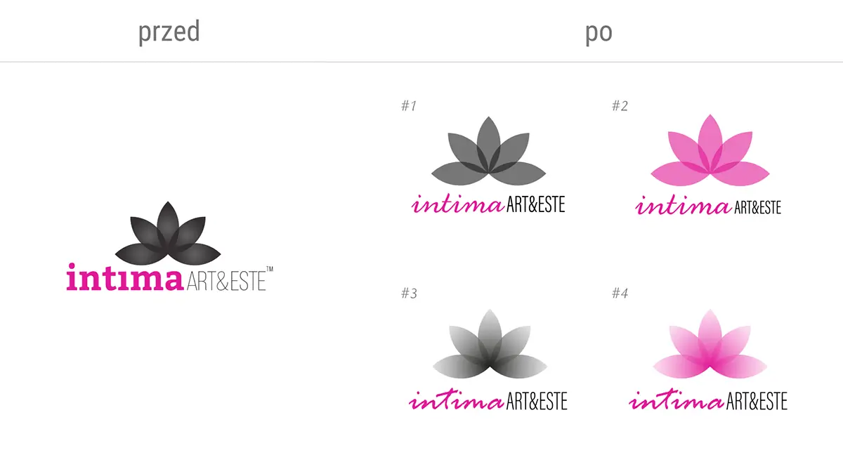 Intima Art&Este: porównanie dawnego logo z czterema nowymi wariantami lotosu