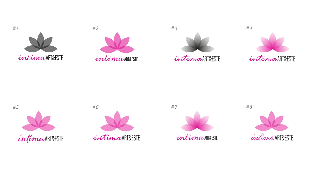 Intima Art&Este: eight numbered logo variants with a lotus flower in black, gray and shades of pink