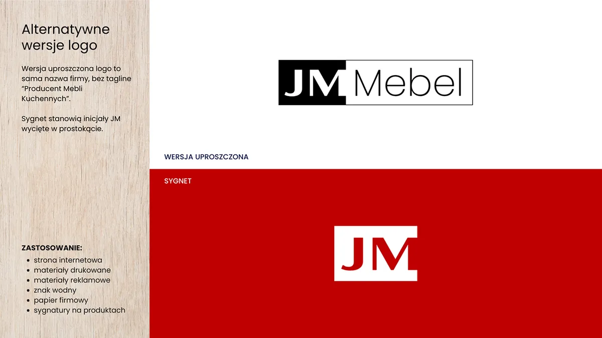 JM Mebel: alternatywne wersje logo, wersja uproszczona bez dopisku i biały sygnet JM na czerwieni