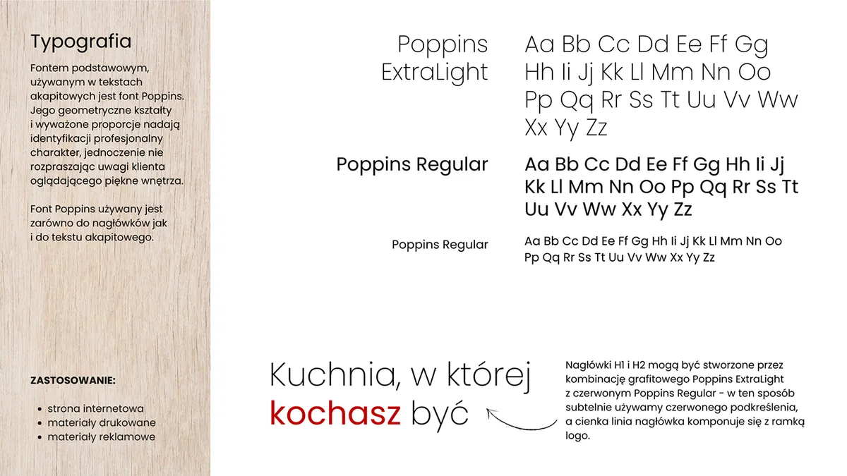 JM Mebel: typografia marki, krój Poppins ExtraLight i Regular oraz nagłówek Kuchnia, w której kochasz być