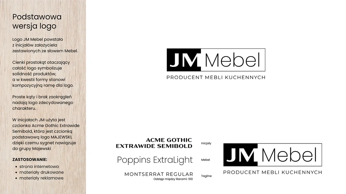 JM Mebel: podstawowa wersja logo z dopiskiem Producent mebli kuchennych i krojami Acme Gothic, Poppins i Montserrat