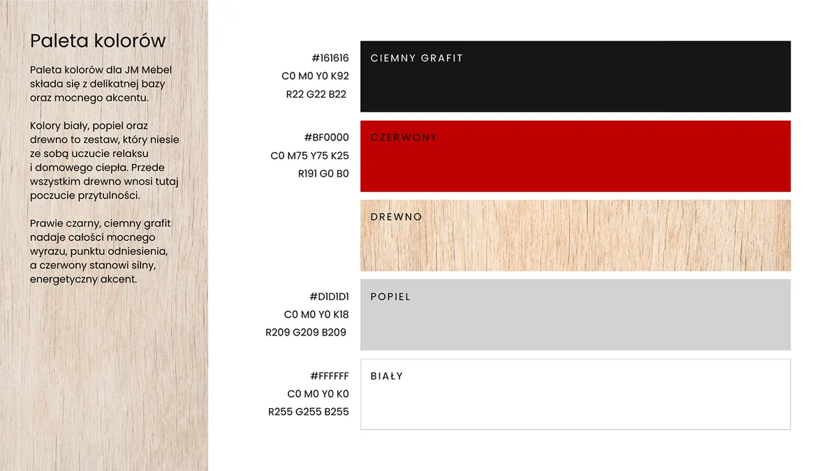 JM Mebel: paleta kolorów, ciemny grafit, czerwień, drewno, popiel i biel z kodami HEX, CMYK i RGB