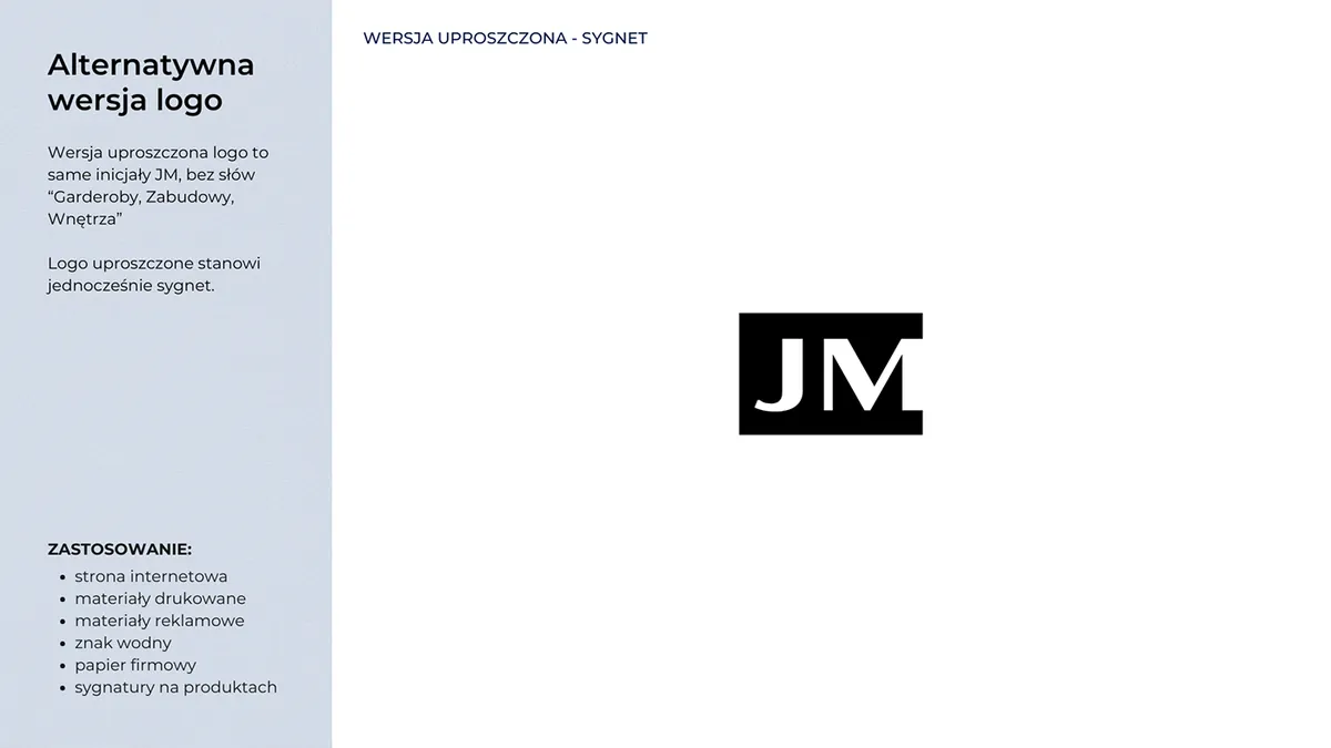 JM Mebel: alternatywna wersja logo linii garderób, sam sygnet JM w czarnym prostokącie z listą zastosowań