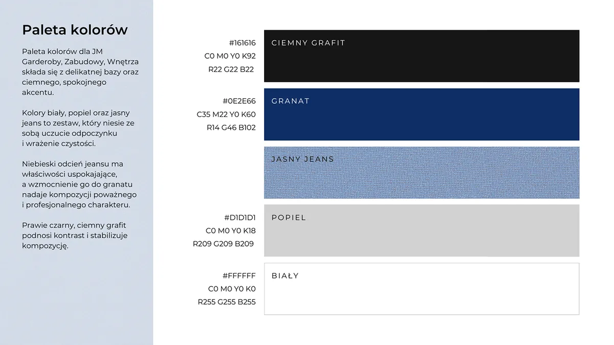 JM Mebel: wardrobe line palette, dark graphite, navy, light denim, ash gray and white with color codes
