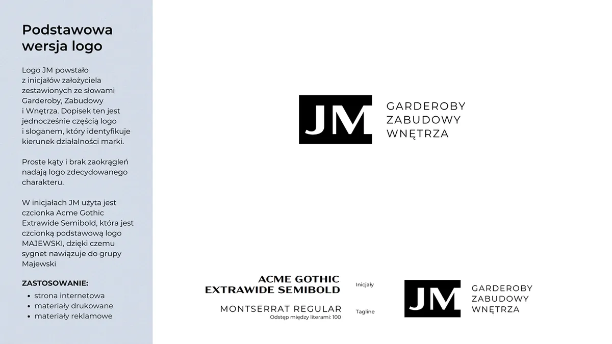 JM Mebel: primary version of the JM Garderoby Zabudowy Wnętrza logo with the typefaces Acme Gothic and Montserrat