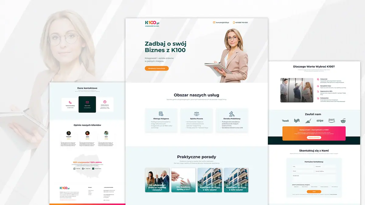 K100: pełny układ landing page w trzech kolumnach, od hasła po formularz kontaktowy