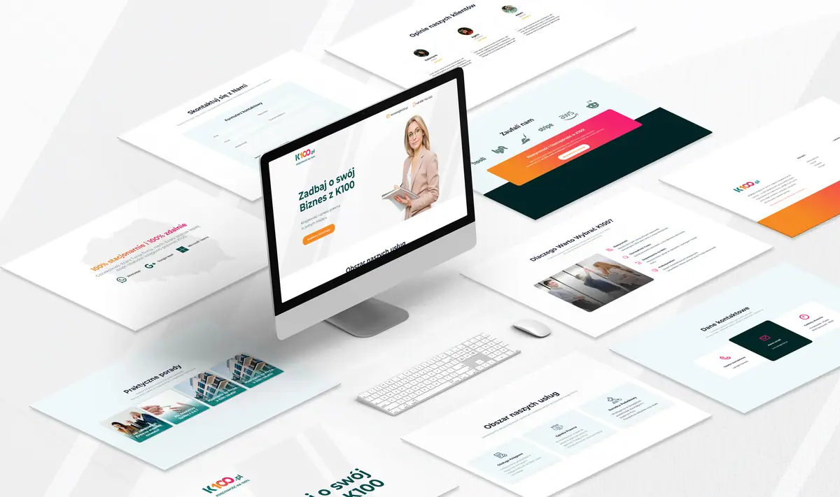 K100: landing page na monitorze w otoczeniu sekcji rozłożonych w rzucie izometrycznym