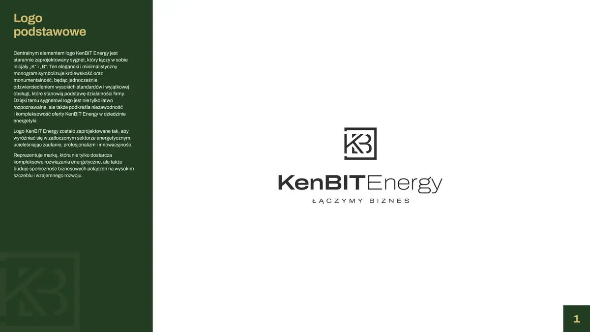 KenBIT Energy: logo podstawowe z sygnetem z liter K i B oraz opis znaku na zielonym panelu