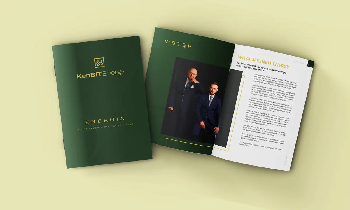 KenBIT Energy: okładka katalogu ENERGIA i rozkładówka Wstęp ze zdjęciem dwóch mężczyzn