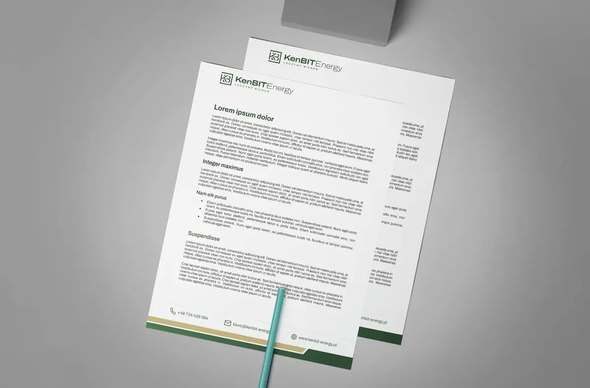 KenBIT Energy: papier firmowy z logo w nagłówku i stopką kontaktową