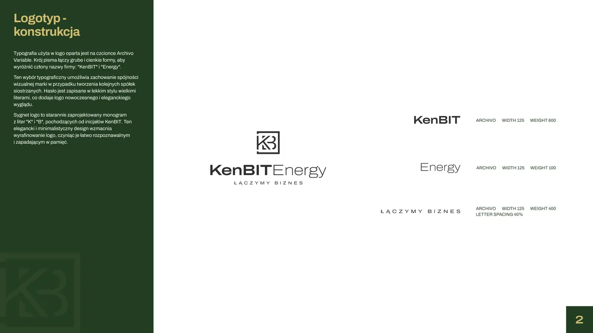 KenBIT Energy: konstrukcja logotypu, krój Archivo w różnych szerokościach i grubościach dla członów KenBIT, Energy i hasła