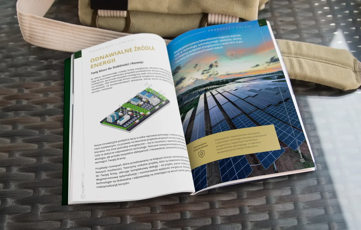 KenBIT Energy: rozkładówka katalogu Odnawialne źródła energii z ilustracją elektrowni i zdjęciem farmy fotowoltaicznej