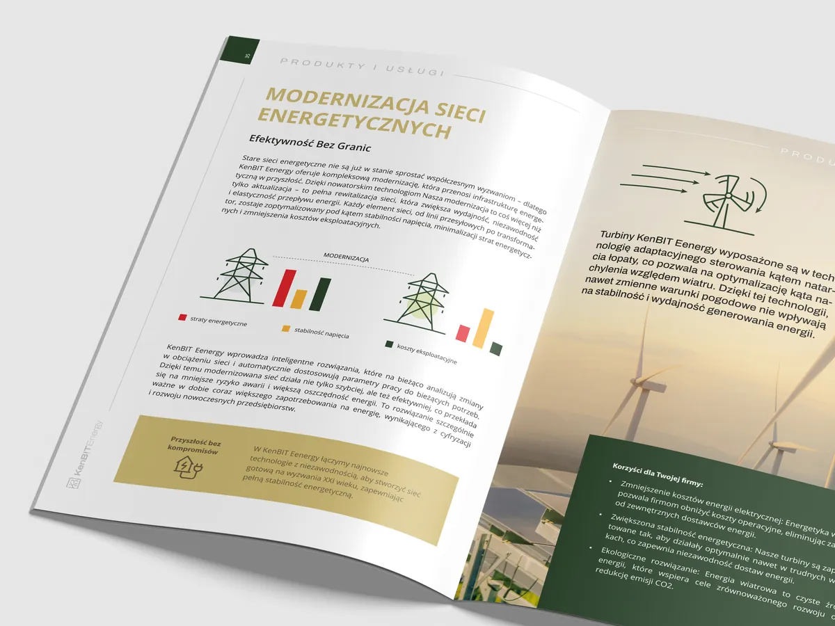KenBIT Energy: rozkładówka katalogu Modernizacja sieci energetycznych z wykresami, ikonami słupów i zdjęciem turbin wiatrowych