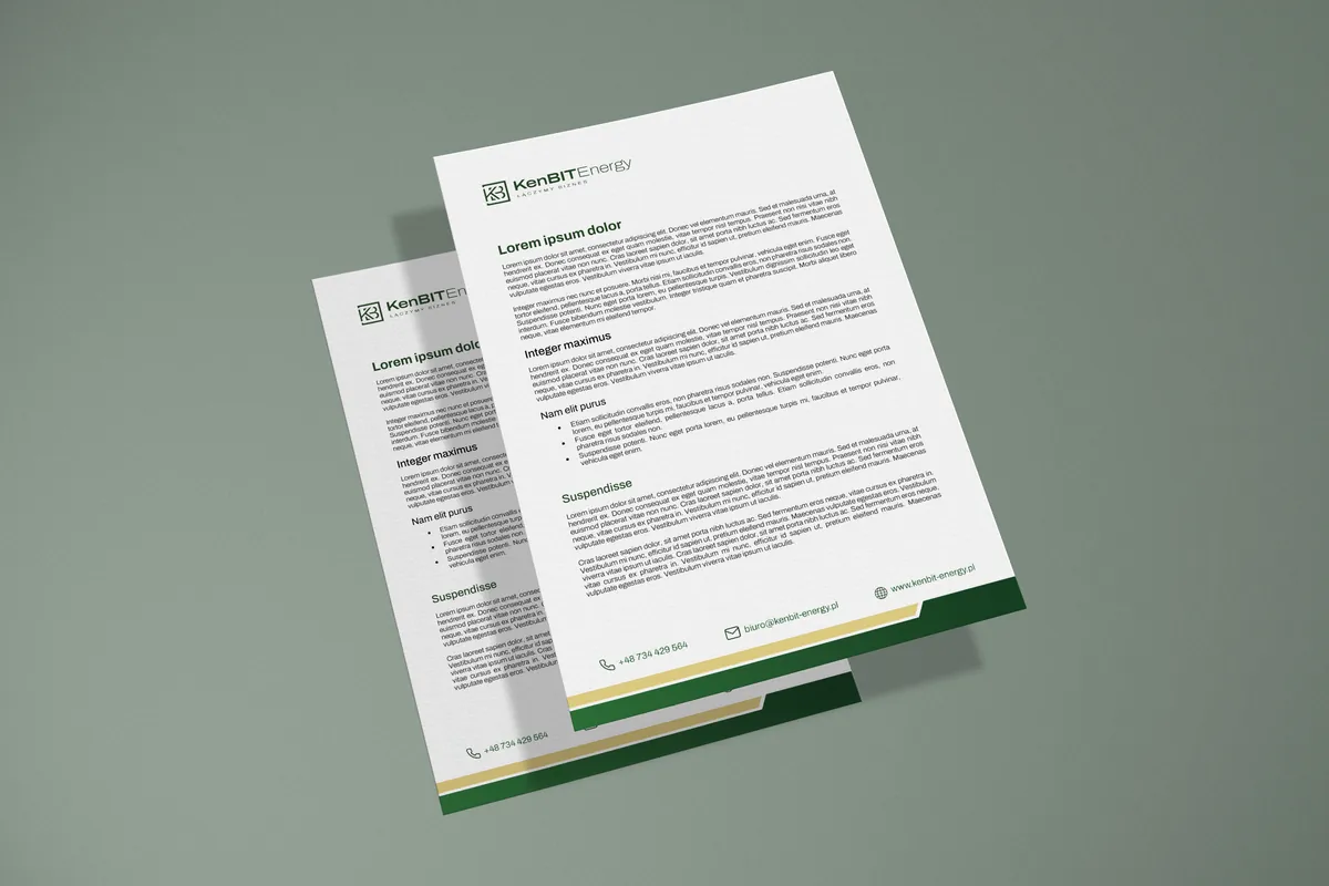 KenBIT Energy: dwa arkusze papieru firmowego z logo w nagłówku i złoto-zieloną stopką na szarozielonym tle