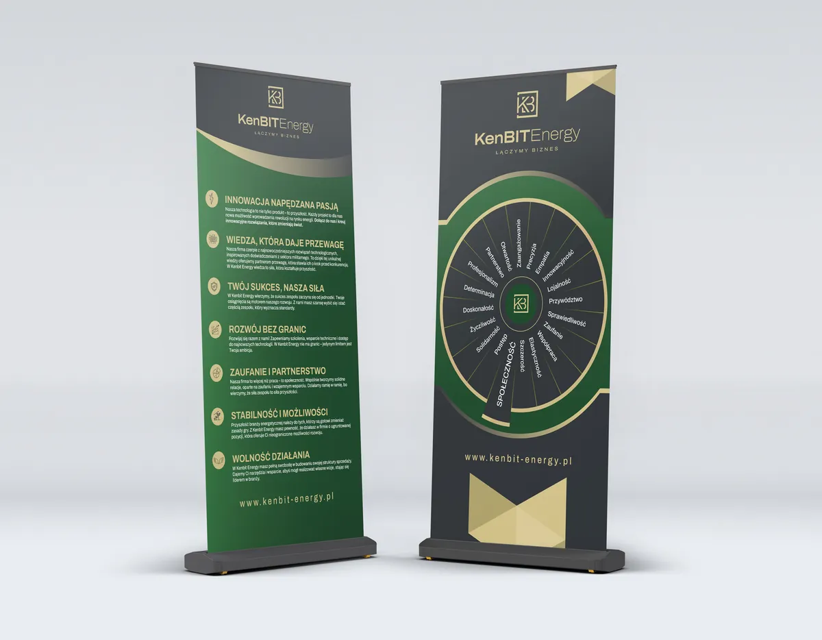 KenBIT Energy: dwa roll-upy obok siebie, zielony z listą wartości i grafitowy z kołem wartości