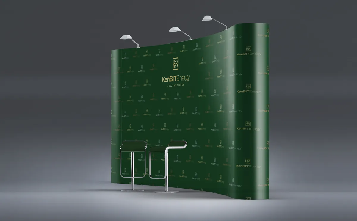 KenBIT Energy: green backdrop wall with the logo and a repeating pattern of marks seen from the side, with bar stools