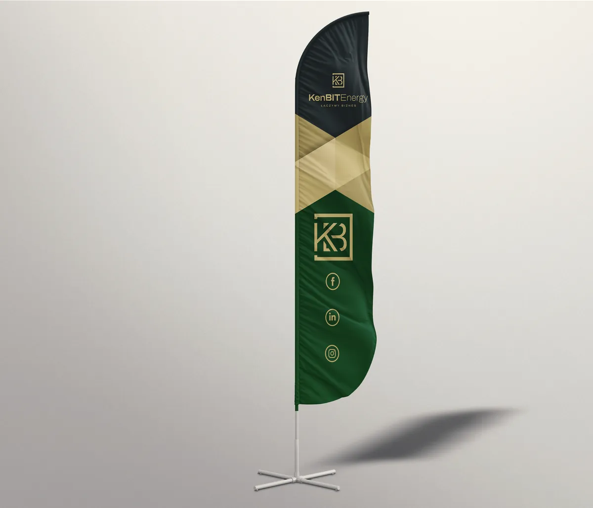 KenBIT Energy: narrow advertising flag with the logo at the top, gold stripes and a large brandmark on green