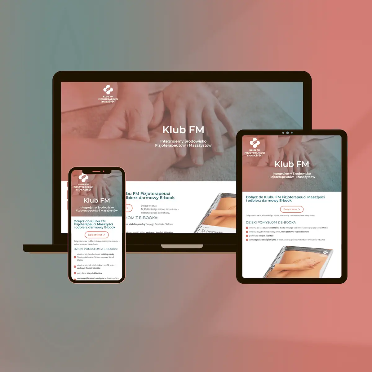 Klub FM: landing page na laptopie, tablecie i telefonie na koralowym tle