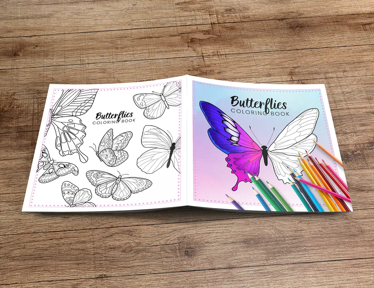 Kolorowanka Butterflies: rozłożona okładka, z tyłu konturowe motyle, z przodu kolorowy motyl