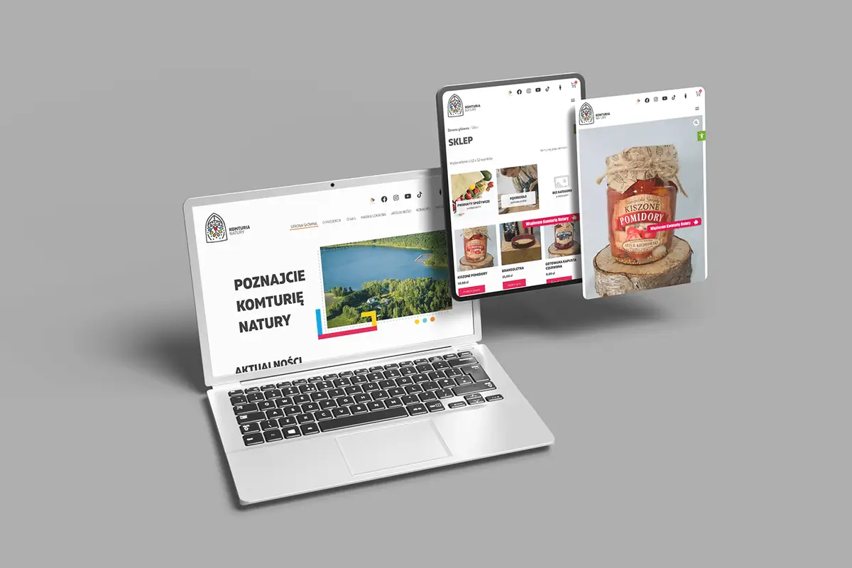 Komturia Natury: strona główna na laptopie oraz sklep i karta produktu na tablecie i telefonie