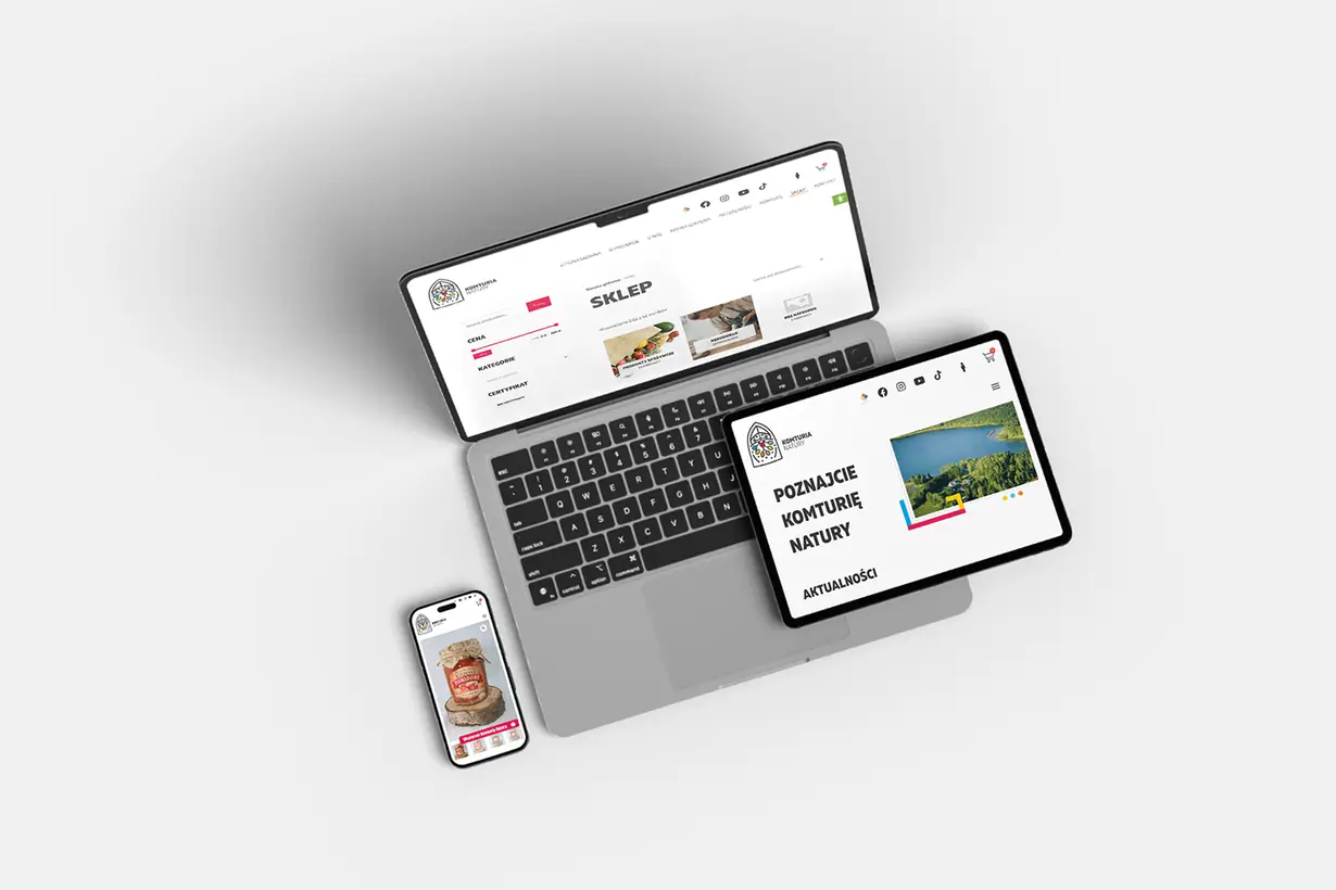 Komturia Natury: sklep z filtrami na laptopie, strona główna na tablecie i produkt na telefonie