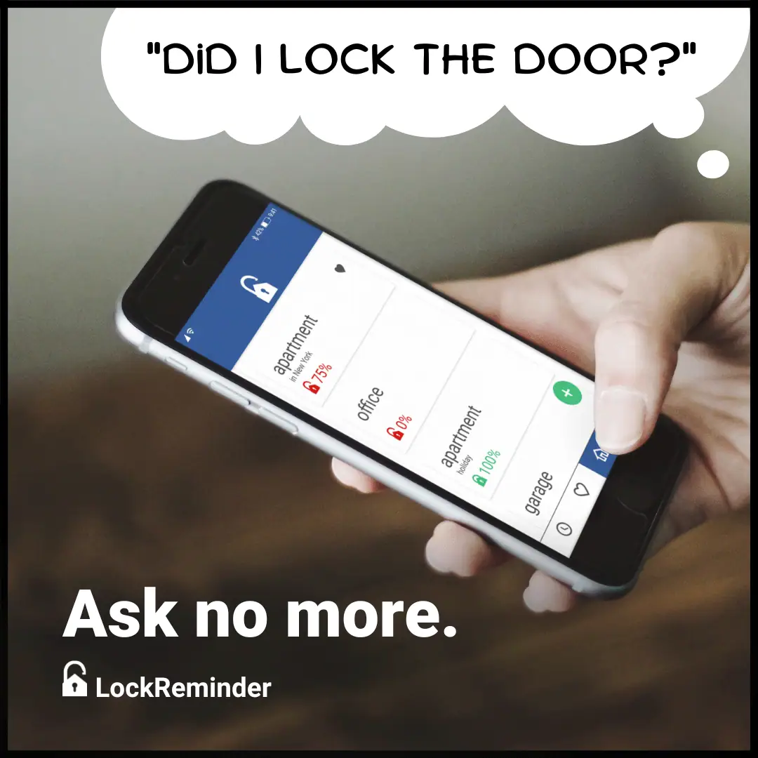 LockReminder: grafika z pytaniem Did I lock the door? i telefonem z listą miejsc w aplikacji