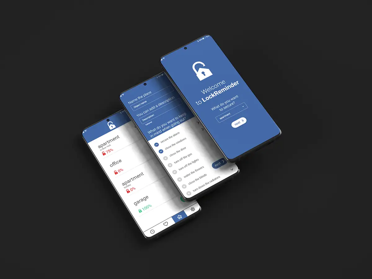 LockReminder: trzy ekrany aplikacji, powitanie, lista czynności i lista miejsc, na ciemnym tle