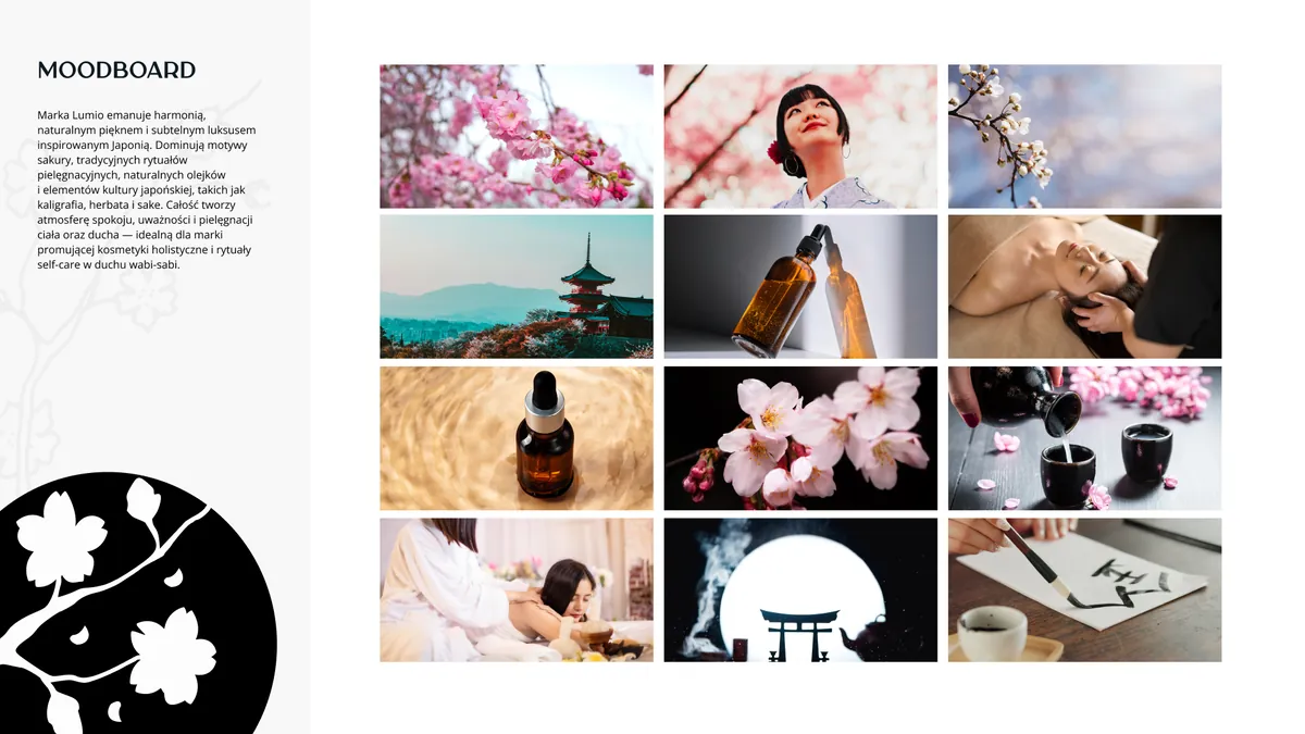Lumio: moodboard with 12 photos of sakura, Japan, oils and skincare rituals, and a brand description