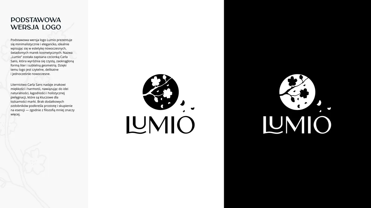 Lumio: primary logo version, black on white and white on black, with a description of the Carla Sans typeface