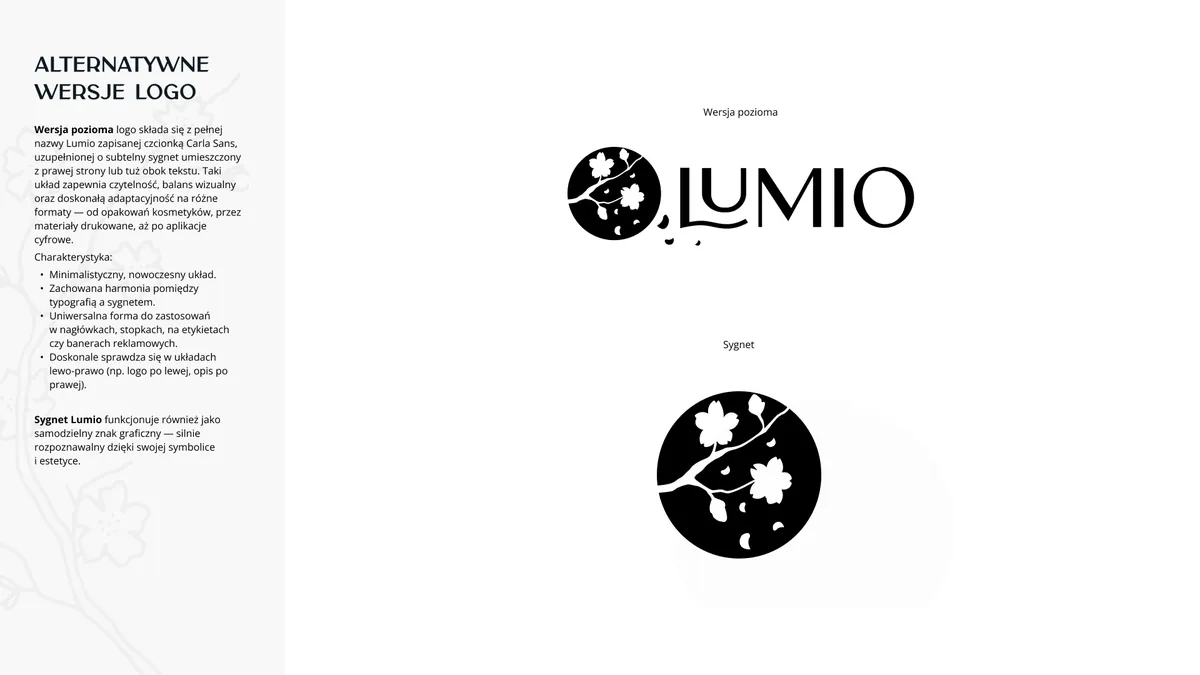 Lumio: alternatywne wersje logo, wersja pozioma z sygnetem obok nazwy i sam sygnet w kole