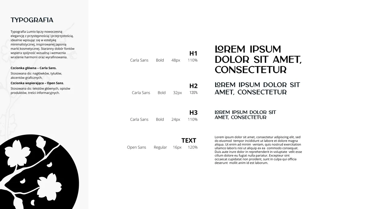 Lumio: typografia marki, krój Carla Sans do nagłówków i Open Sans do tekstu z przykładami