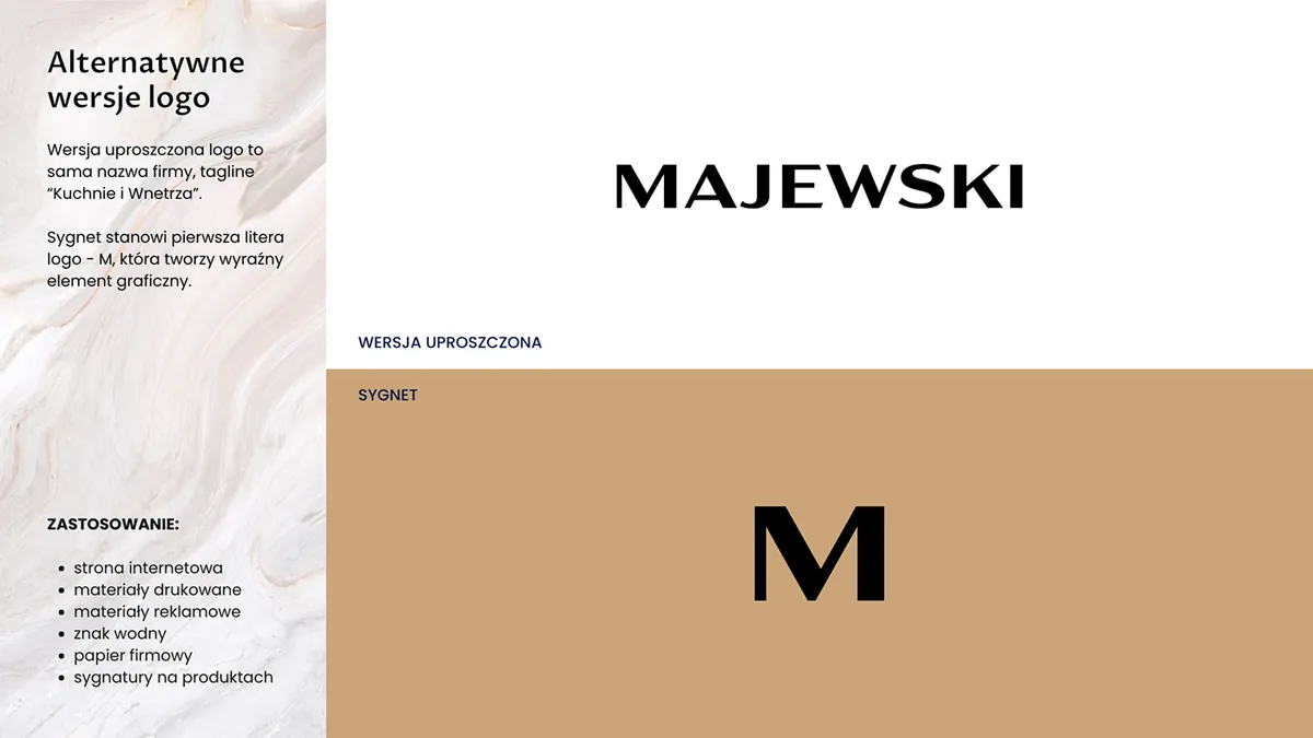 Majewski: alternative logo versions, a simplified version with the name and the M brandmark on a beige background