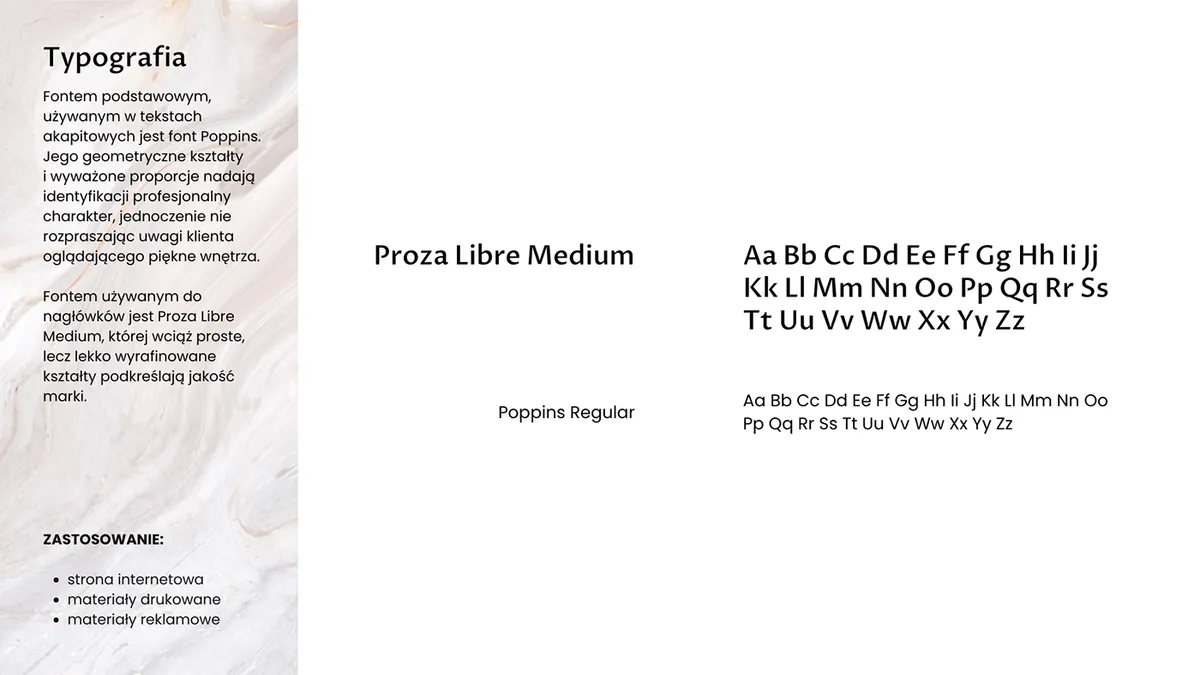 Majewski: typografia marki, krój Proza Libre Medium do nagłówków i Poppins Regular do tekstu