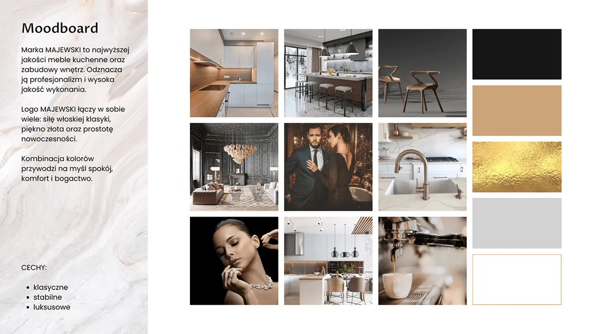Majewski: moodboard with photos of elegant kitchens and interiors, people and brand color swatches