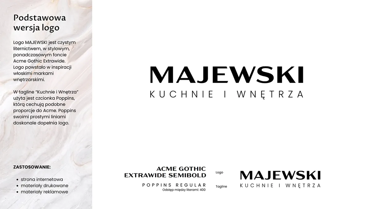 Majewski: podstawowa wersja logo z podpisem Kuchnie i Wnętrza oraz krojami Acme Gothic i Poppins