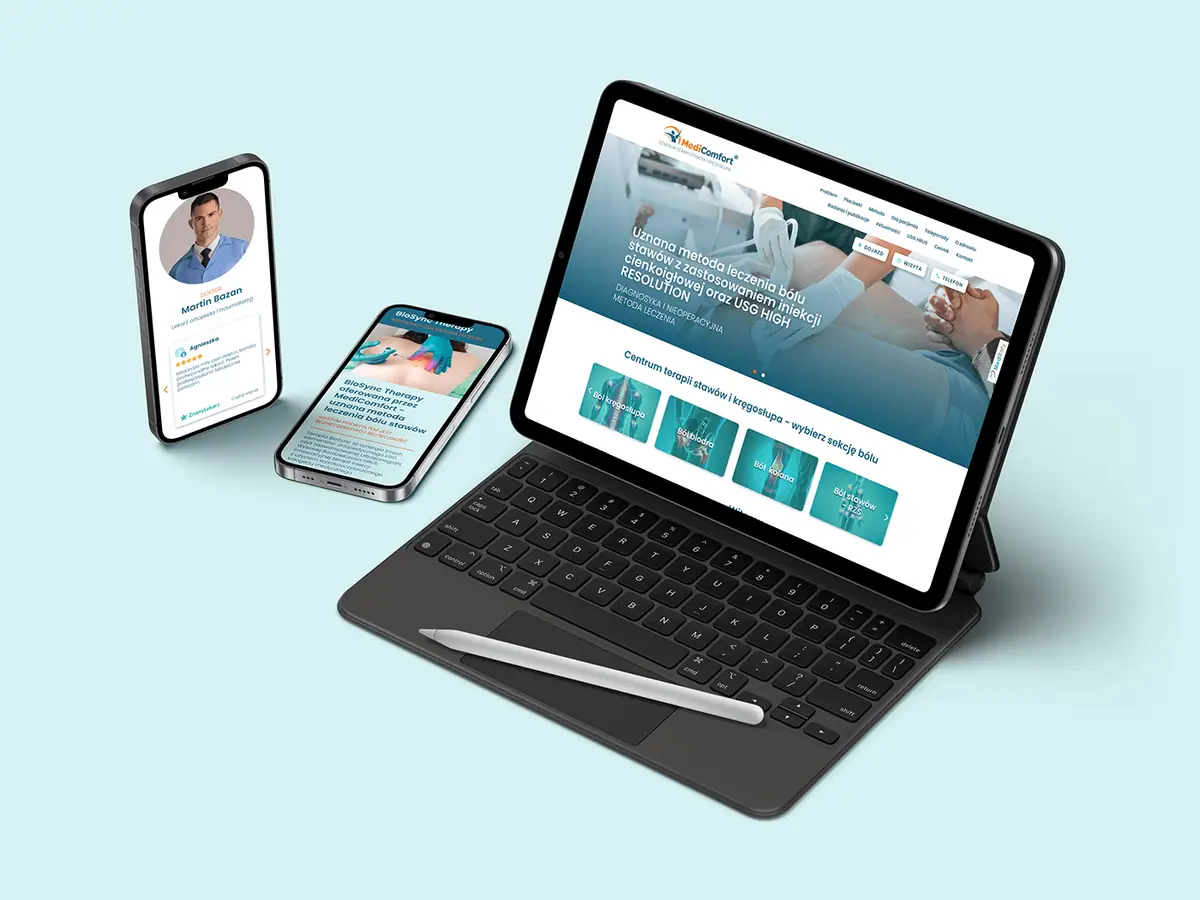 MediComfort: strona główna na tablecie z kafelkami rodzajów bólu, na telefonach profil lekarza i opis terapii