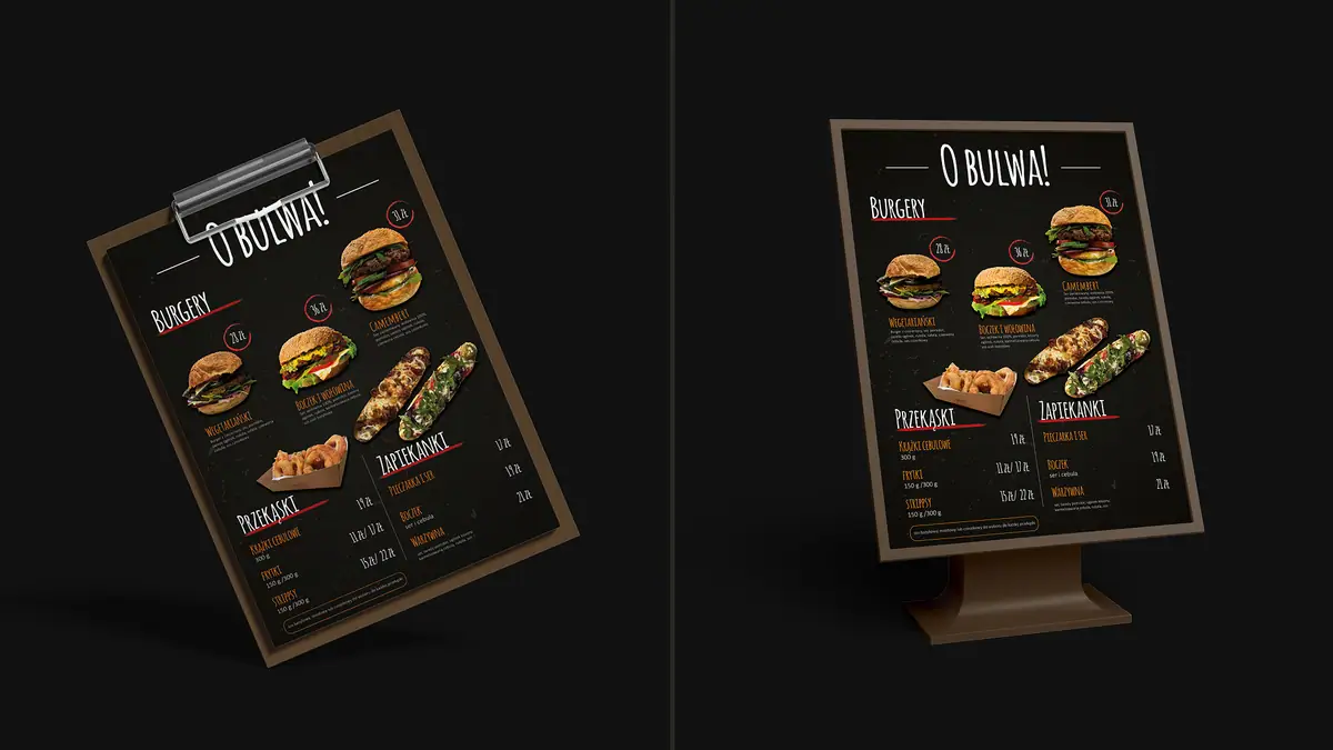 O Bulwa: menu na podkładce z klipsem i w stojaku na stół, na czarnym tle