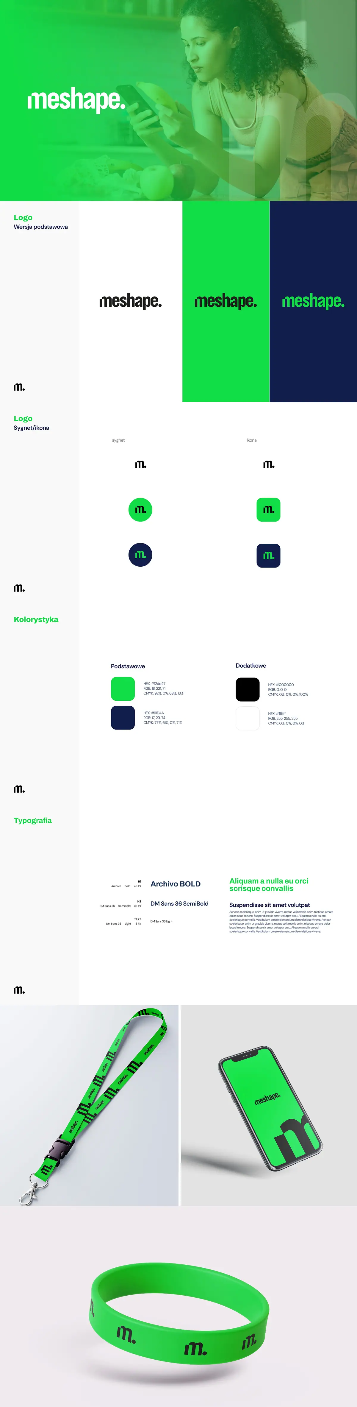 MeShape: księga znaku z logo na zielonym zdjęciu, wersjami logo, sygnetem, paletą, typografią i gadżetami