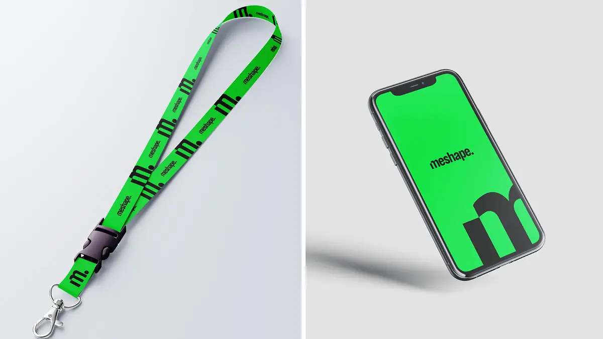 MeShape: zielona smycz z logo i telefon z zielonym ekranem i dużą literą m