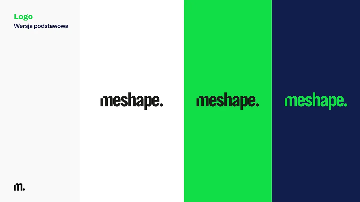 MeShape: podstawowa wersja logo meshape. na białym, jaskrawozielonym i granatowym tle