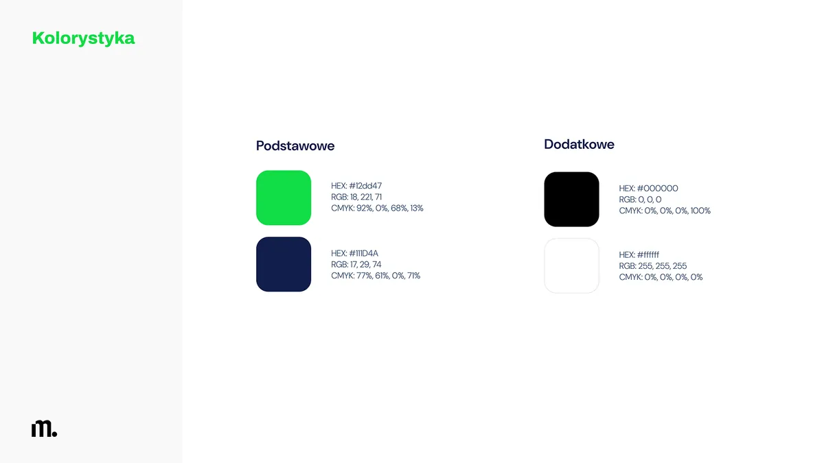 MeShape: kolory podstawowe jaskrawa zieleń i granat oraz dodatkowe czerń i biel z kodami HEX, RGB i CMYK